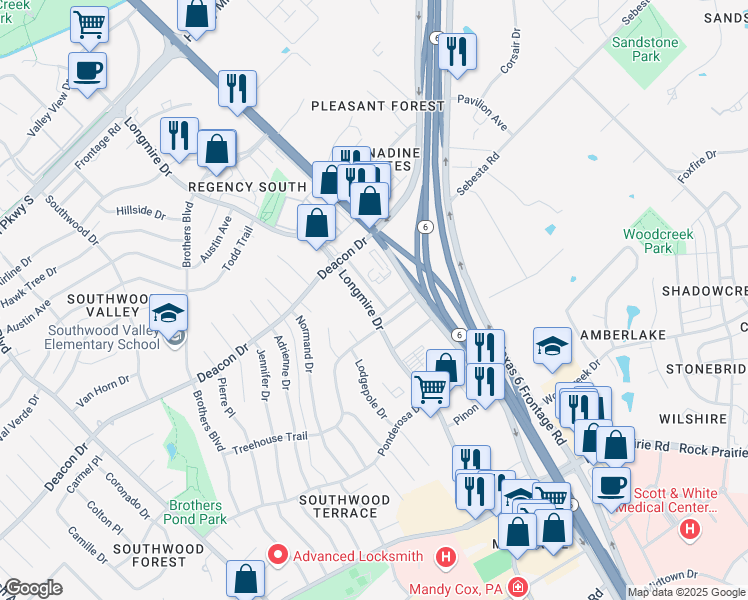 map of restaurants, bars, coffee shops, grocery stores, and more near 2815 Longmire Drive in College Station