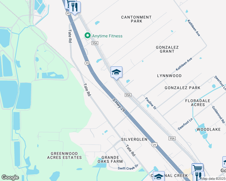 map of restaurants, bars, coffee shops, grocery stores, and more near 948 S Hwy 29 in Gonzalez