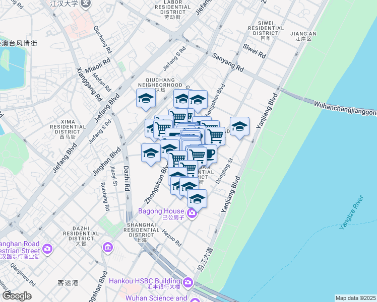 map of restaurants, bars, coffee shops, grocery stores, and more near Zhongshan Avenue in Wuhan