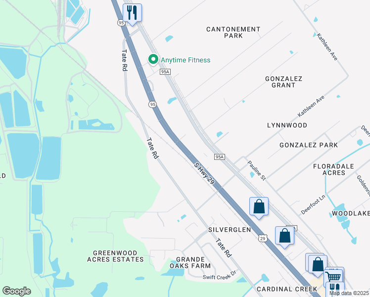 map of restaurants, bars, coffee shops, grocery stores, and more near 916 U.S. 29 in Cantonment