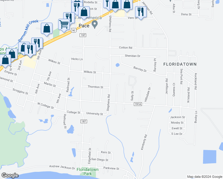 map of restaurants, bars, coffee shops, grocery stores, and more near 4250 Stephens Road in Pace