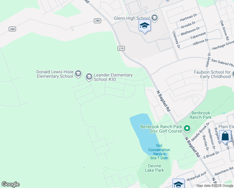 map of restaurants, bars, coffee shops, grocery stores, and more near 1725 Devine Lake Bend in Leander