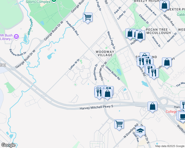 map of restaurants, bars, coffee shops, grocery stores, and more near 608 Corregidor Drive in College Station