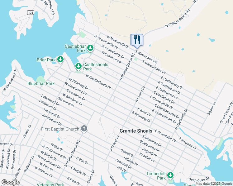 map of restaurants, bars, coffee shops, grocery stores, and more near 410 North Phillips Ranch Road in Granite Shoals