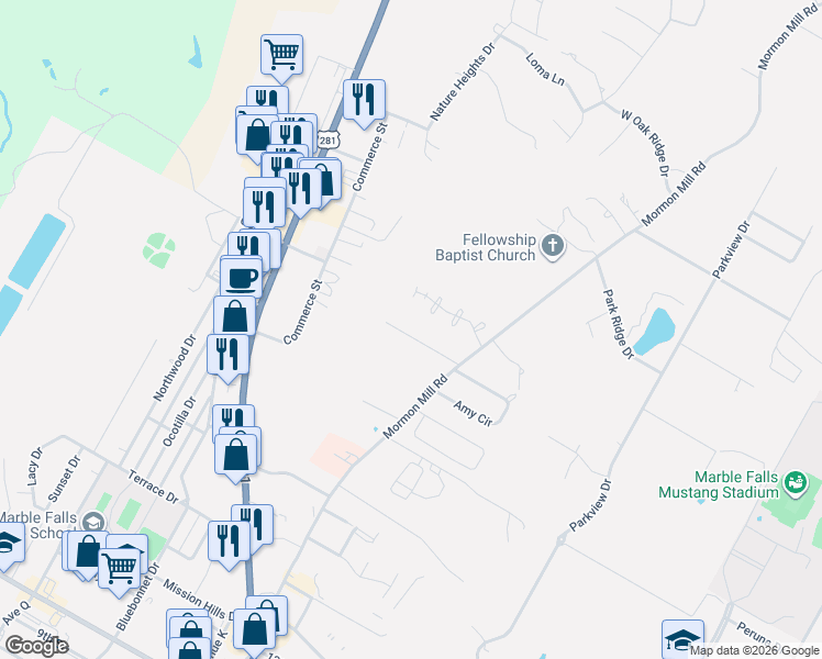 map of restaurants, bars, coffee shops, grocery stores, and more near 202 Bridget Drive in Marble Falls
