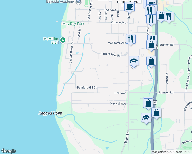 map of restaurants, bars, coffee shops, grocery stores, and more near 300 Beall Lane in Daphne