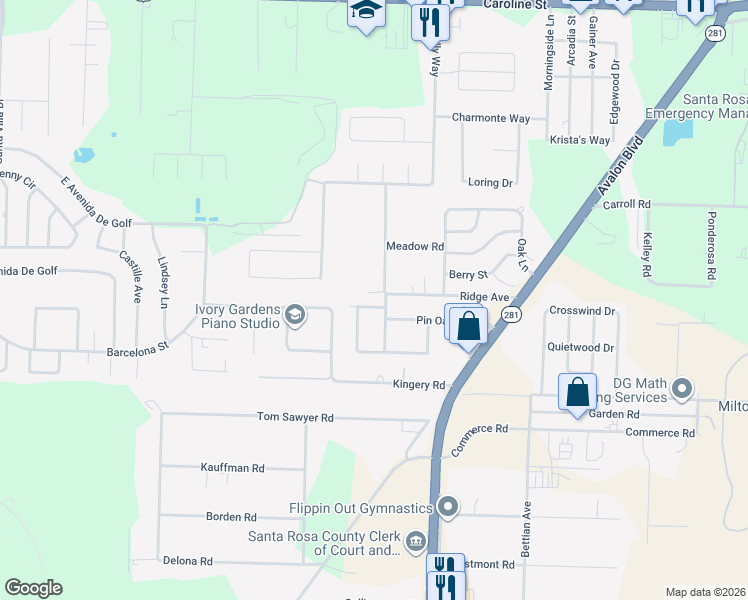 map of restaurants, bars, coffee shops, grocery stores, and more near 5627 Rosebay Street in Milton