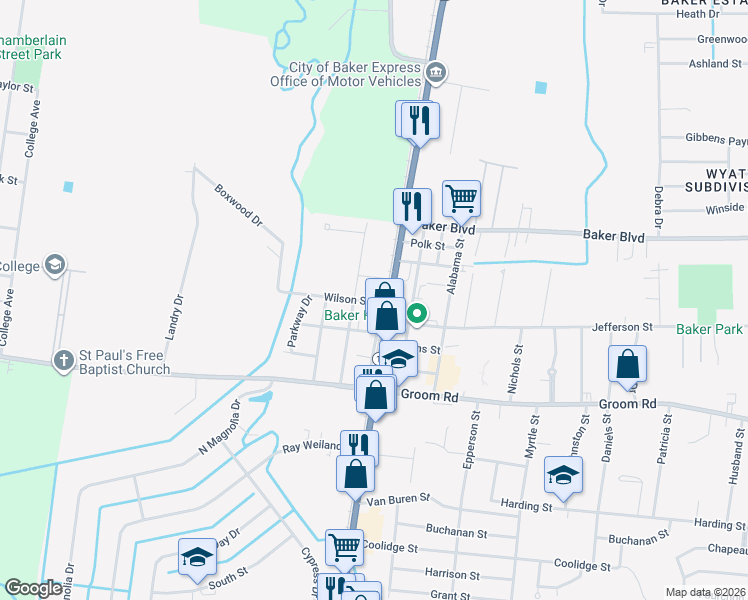 map of restaurants, bars, coffee shops, grocery stores, and more near 1515 Camelia Avenue in Baker