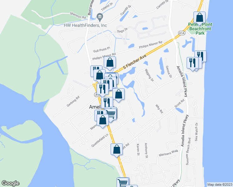 map of restaurants, bars, coffee shops, grocery stores, and more near 4735 Martinique Court in Fernandina Beach