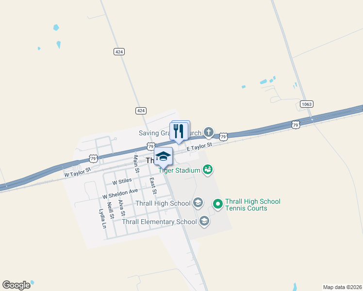 map of restaurants, bars, coffee shops, grocery stores, and more near 211 East Taylor Street in Thrall