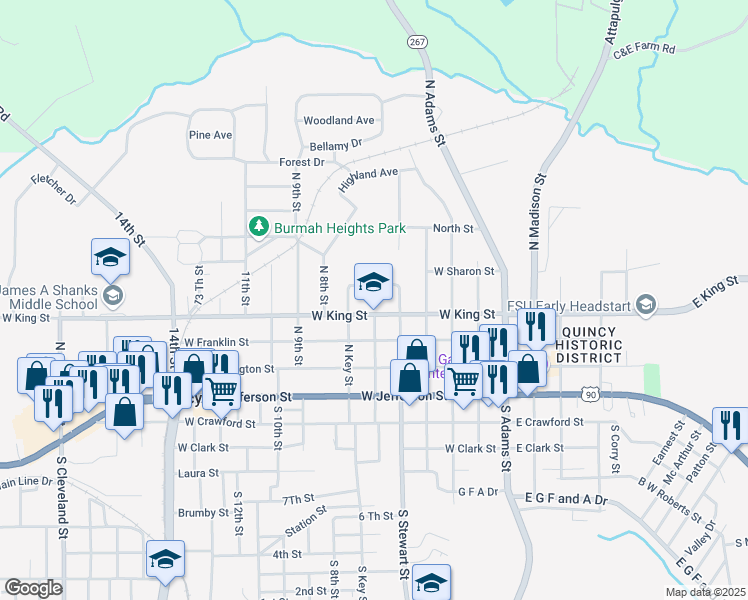 map of restaurants, bars, coffee shops, grocery stores, and more near 500 West King Street in Quincy