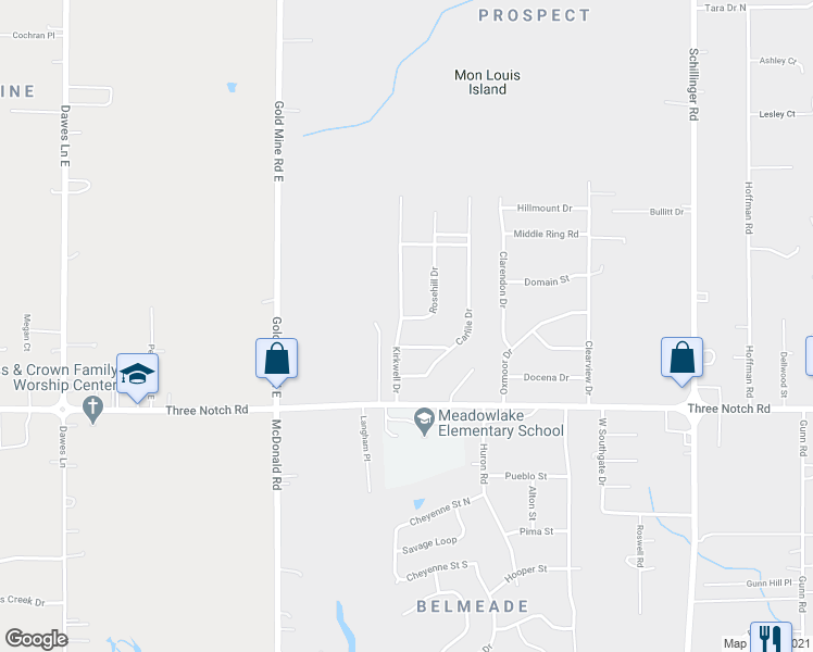 map of restaurants, bars, coffee shops, grocery stores, and more near 4775 Rosehill Drive in Mobile