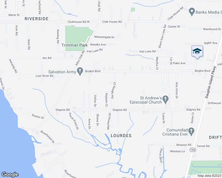 map of restaurants, bars, coffee shops, grocery stores, and more near 3864 Del Monte Court in Mobile