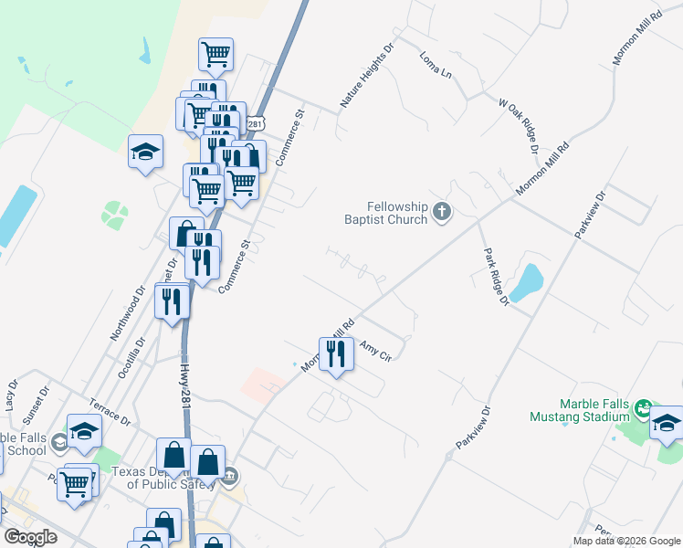 map of restaurants, bars, coffee shops, grocery stores, and more near 1100 Monterrey Oak Circle in Marble Falls