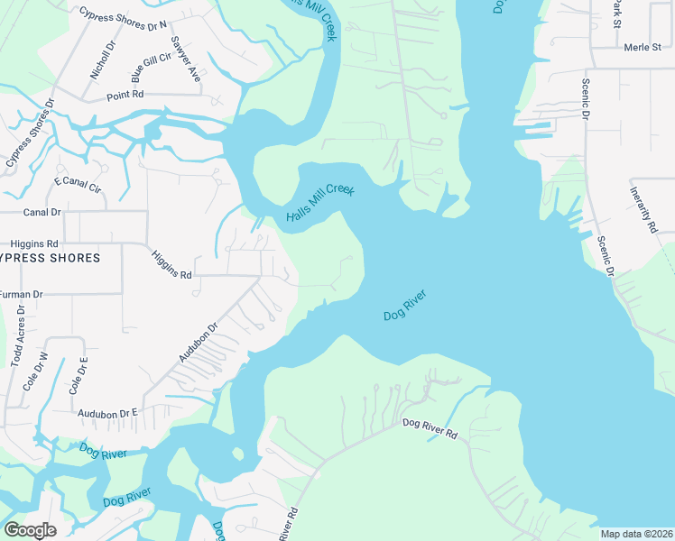 map of restaurants, bars, coffee shops, grocery stores, and more near 3400 Higgins Road in Mobile