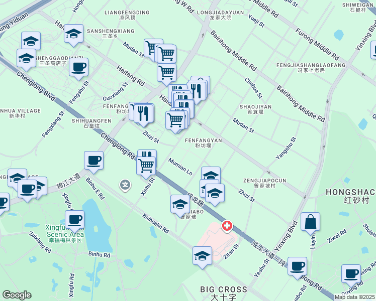 map of restaurants, bars, coffee shops, grocery stores, and more near Yu Shu Xiang in Cheng Du Shi