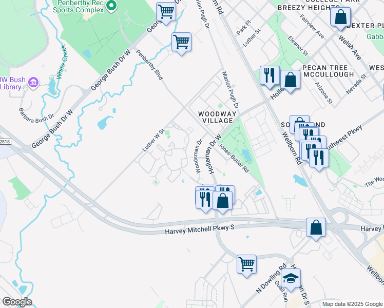 map of restaurants, bars, coffee shops, grocery stores, and more near 1818 Woodsman Drive in College Station