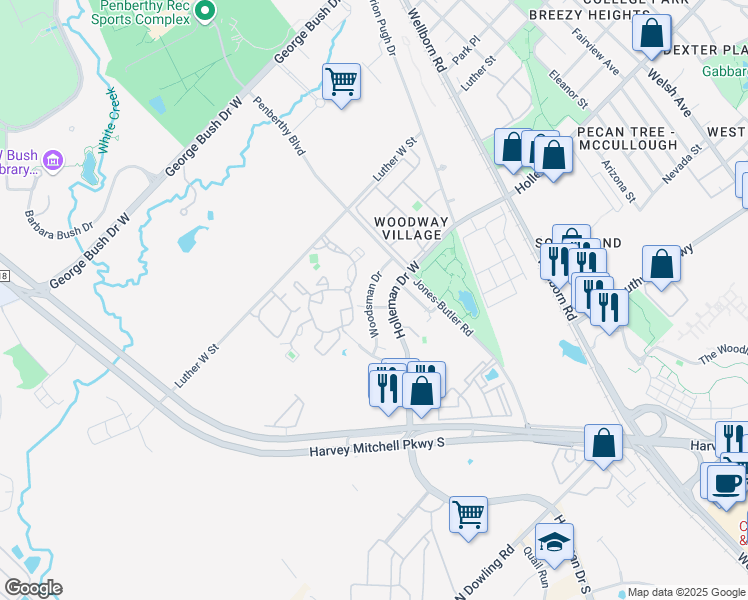 map of restaurants, bars, coffee shops, grocery stores, and more near 1813 Woodsman Drive in College Station