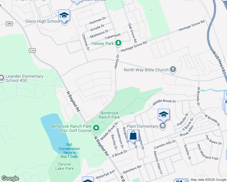 map of restaurants, bars, coffee shops, grocery stores, and more near 1216 Hensley Drive in Leander