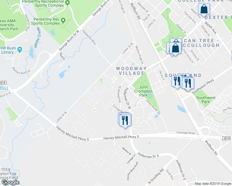 map of restaurants, bars, coffee shops, grocery stores, and more near 1810 Woodsman Drive in College Station
