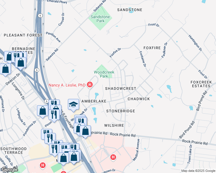 map of restaurants, bars, coffee shops, grocery stores, and more near 9200 Lake Forest Court North in College Station