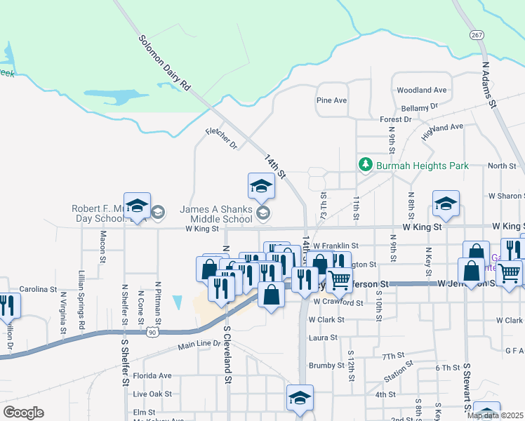 map of restaurants, bars, coffee shops, grocery stores, and more near 1400 West King Street in Quincy