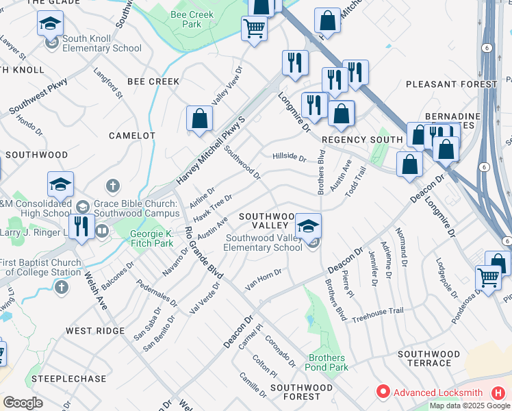 map of restaurants, bars, coffee shops, grocery stores, and more near 1304 Austin Avenue in College Station