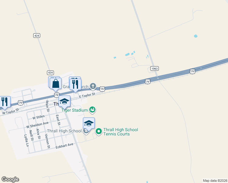 map of restaurants, bars, coffee shops, grocery stores, and more near in Thrall