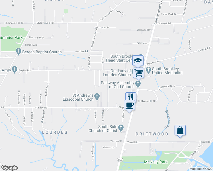 map of restaurants, bars, coffee shops, grocery stores, and more near 3780 Alta Vista Drive in Mobile