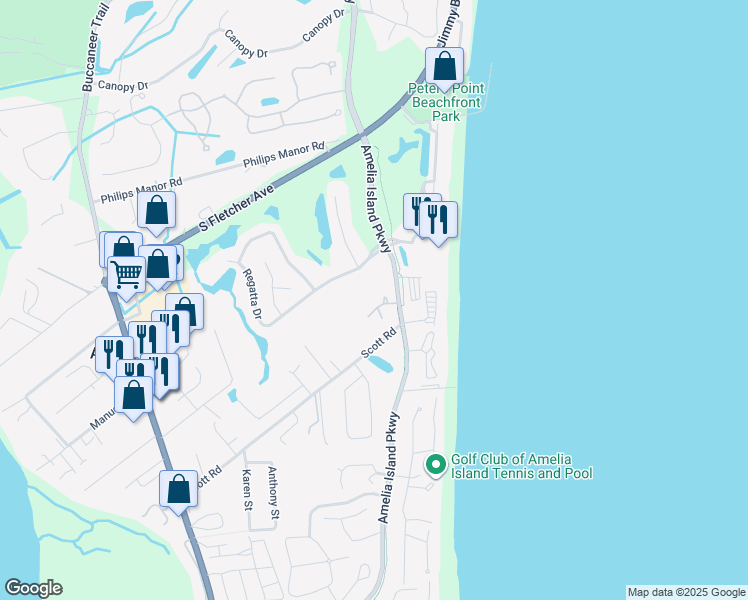 map of restaurants, bars, coffee shops, grocery stores, and more near 1795 Fairway Drive in Fernandina Beach