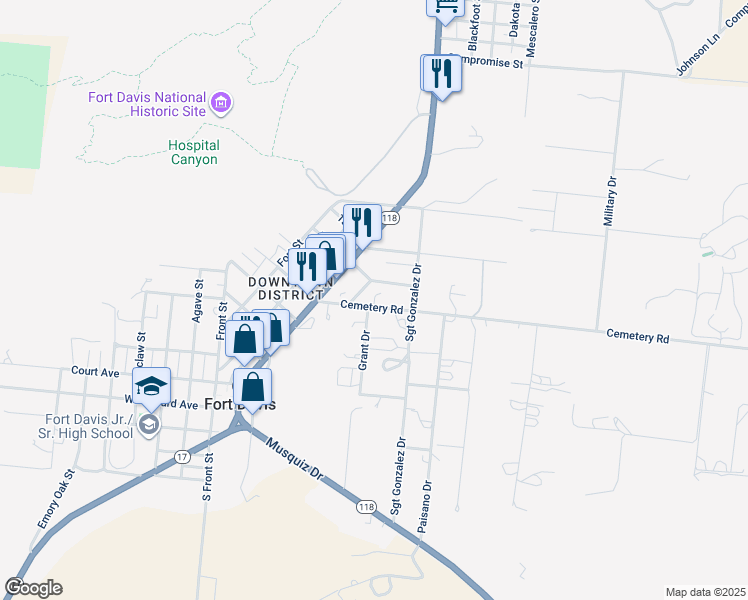 map of restaurants, bars, coffee shops, grocery stores, and more near Circle B in Fort Davis