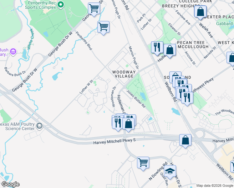 map of restaurants, bars, coffee shops, grocery stores, and more near 1806 Holleman Drive West in College Station