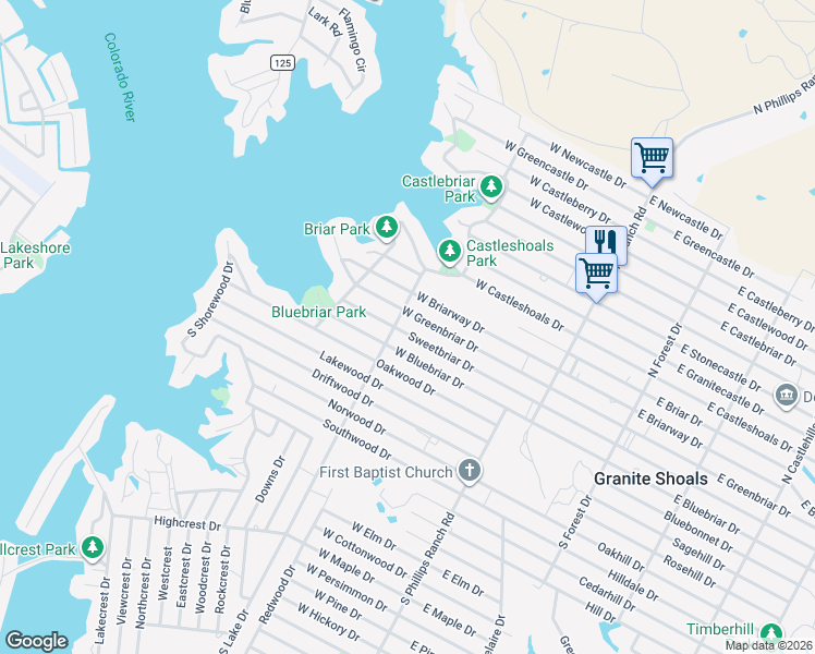 map of restaurants, bars, coffee shops, grocery stores, and more near 174 West Greenbriar Drive in Marble Falls