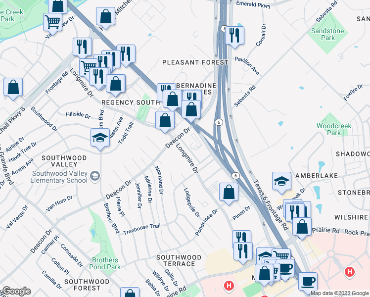 map of restaurants, bars, coffee shops, grocery stores, and more near 2803 Longmire Drive in College Station