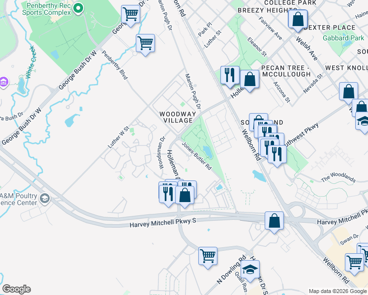 map of restaurants, bars, coffee shops, grocery stores, and more near 1109 Gridiron Drive in College Station