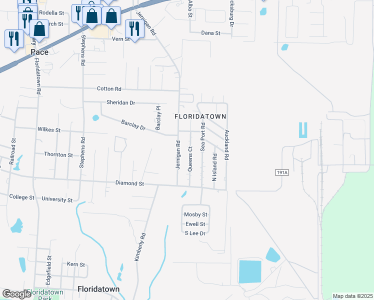 map of restaurants, bars, coffee shops, grocery stores, and more near 4237 Queens Court in Pace