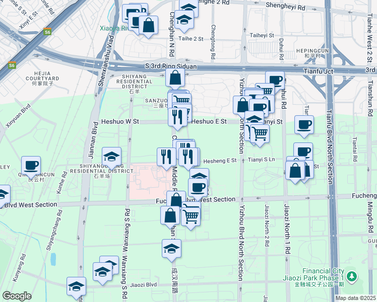 map of restaurants, bars, coffee shops, grocery stores, and more near Hui Jin Lu in Cheng Du Shi