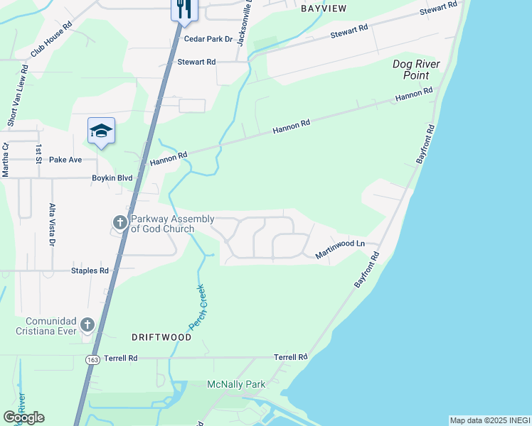 map of restaurants, bars, coffee shops, grocery stores, and more near 1262 Charmaine Circle East in Mobile