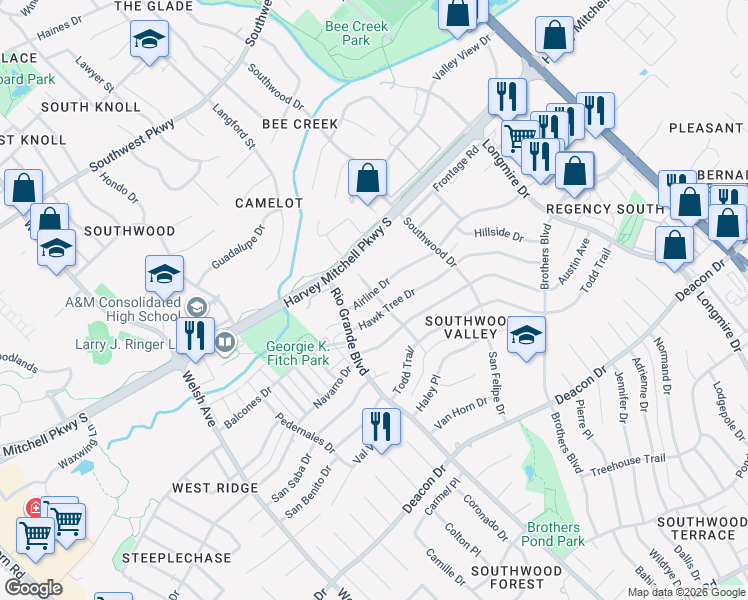 map of restaurants, bars, coffee shops, grocery stores, and more near 1120 Airline Drive in College Station