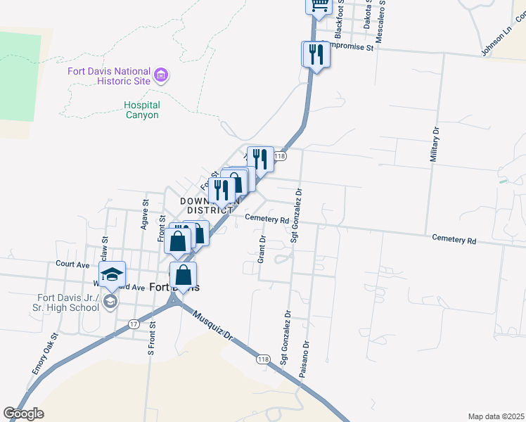 map of restaurants, bars, coffee shops, grocery stores, and more near Circle B in Fort Davis