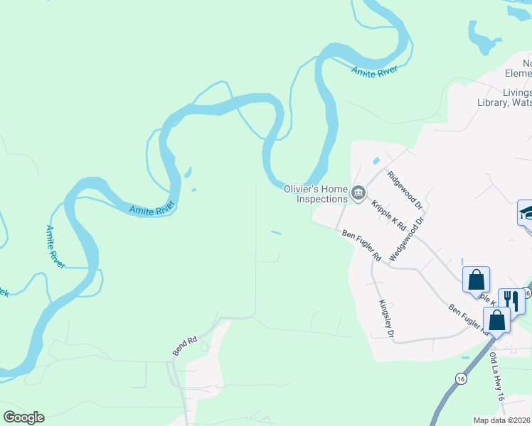 map of restaurants, bars, coffee shops, grocery stores, and more near 36168 Bend Road in Denham Springs