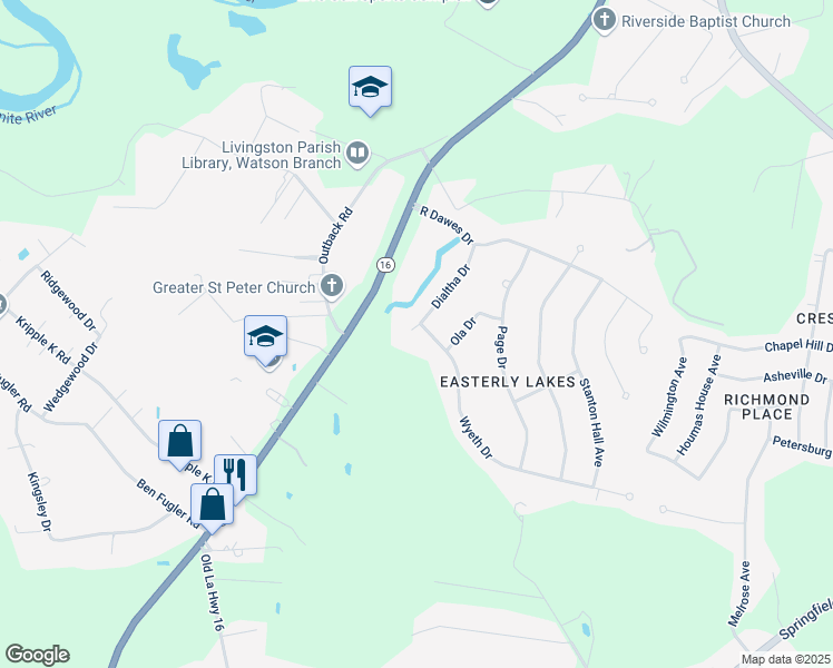 map of restaurants, bars, coffee shops, grocery stores, and more near 8494 Wyeth Drive in Denham Springs