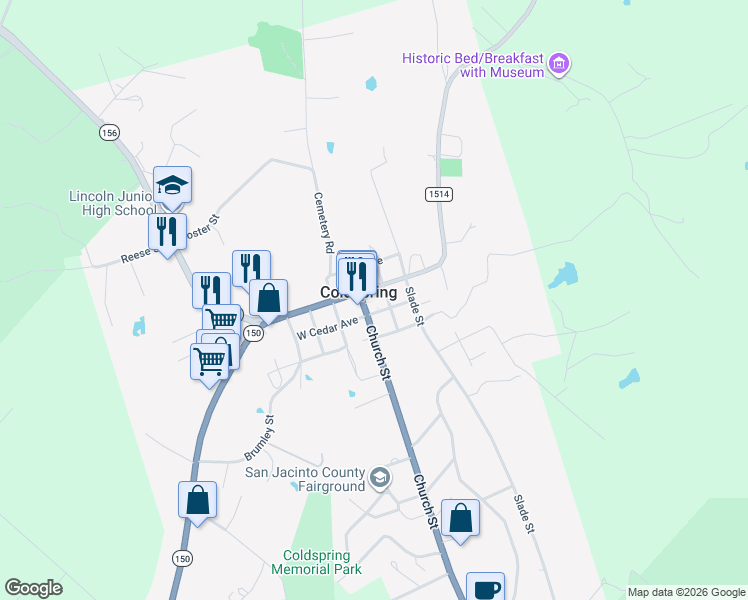 map of restaurants, bars, coffee shops, grocery stores, and more near 1 Texas 150 in Coldspring