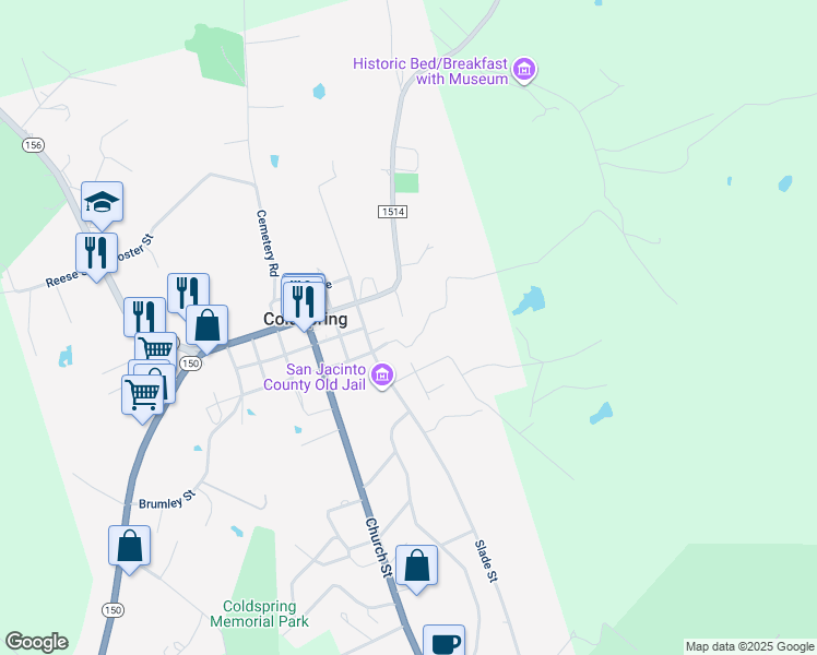 map of restaurants, bars, coffee shops, grocery stores, and more near 960 McGowen Road in Coldspring