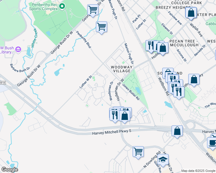 map of restaurants, bars, coffee shops, grocery stores, and more near 1810 Woodsman Drive in College Station
