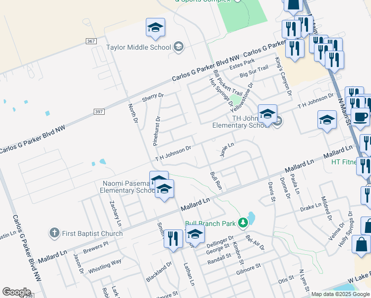 map of restaurants, bars, coffee shops, grocery stores, and more near T H Johnson Drive in Taylor
