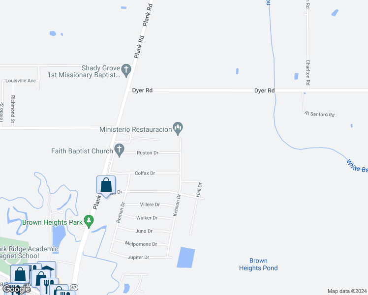 map of restaurants, bars, coffee shops, grocery stores, and more near 1732 Kennon Drive in Baker