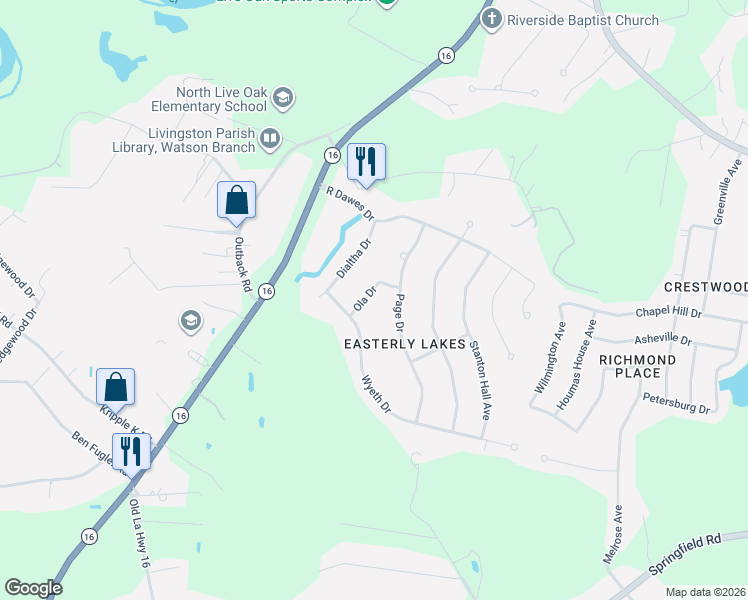 map of restaurants, bars, coffee shops, grocery stores, and more near 36419 Ola Drive in Denham Springs