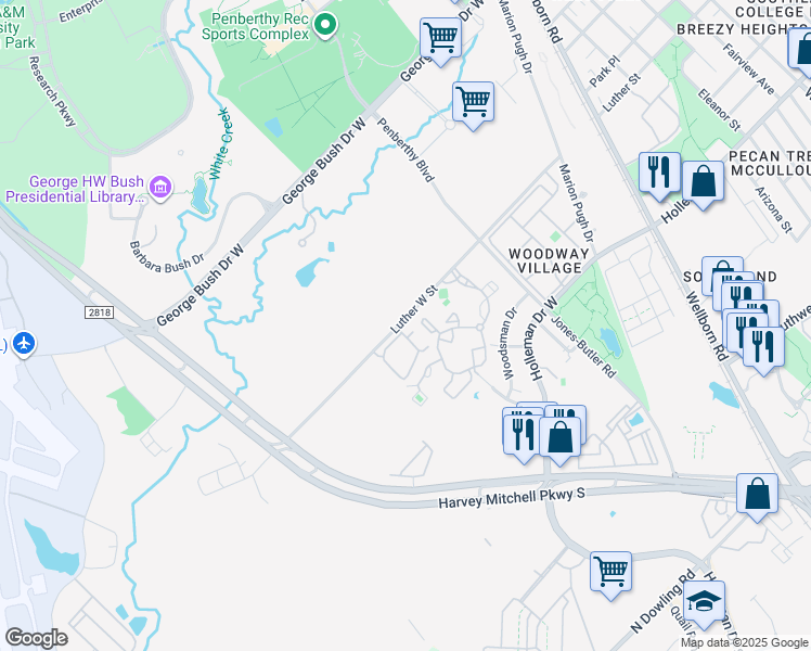 map of restaurants, bars, coffee shops, grocery stores, and more near 1605 Luther Street West in College Station