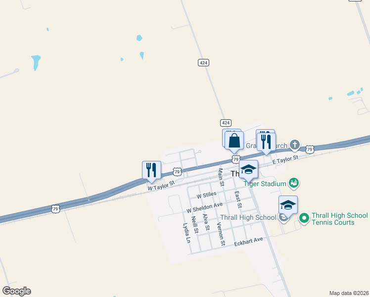 map of restaurants, bars, coffee shops, grocery stores, and more near 107 Castro Street in Thrall